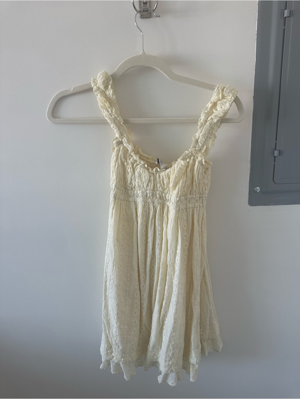 Princess Polly Cream Eyelet Mini Sundress with Ruffled Straps